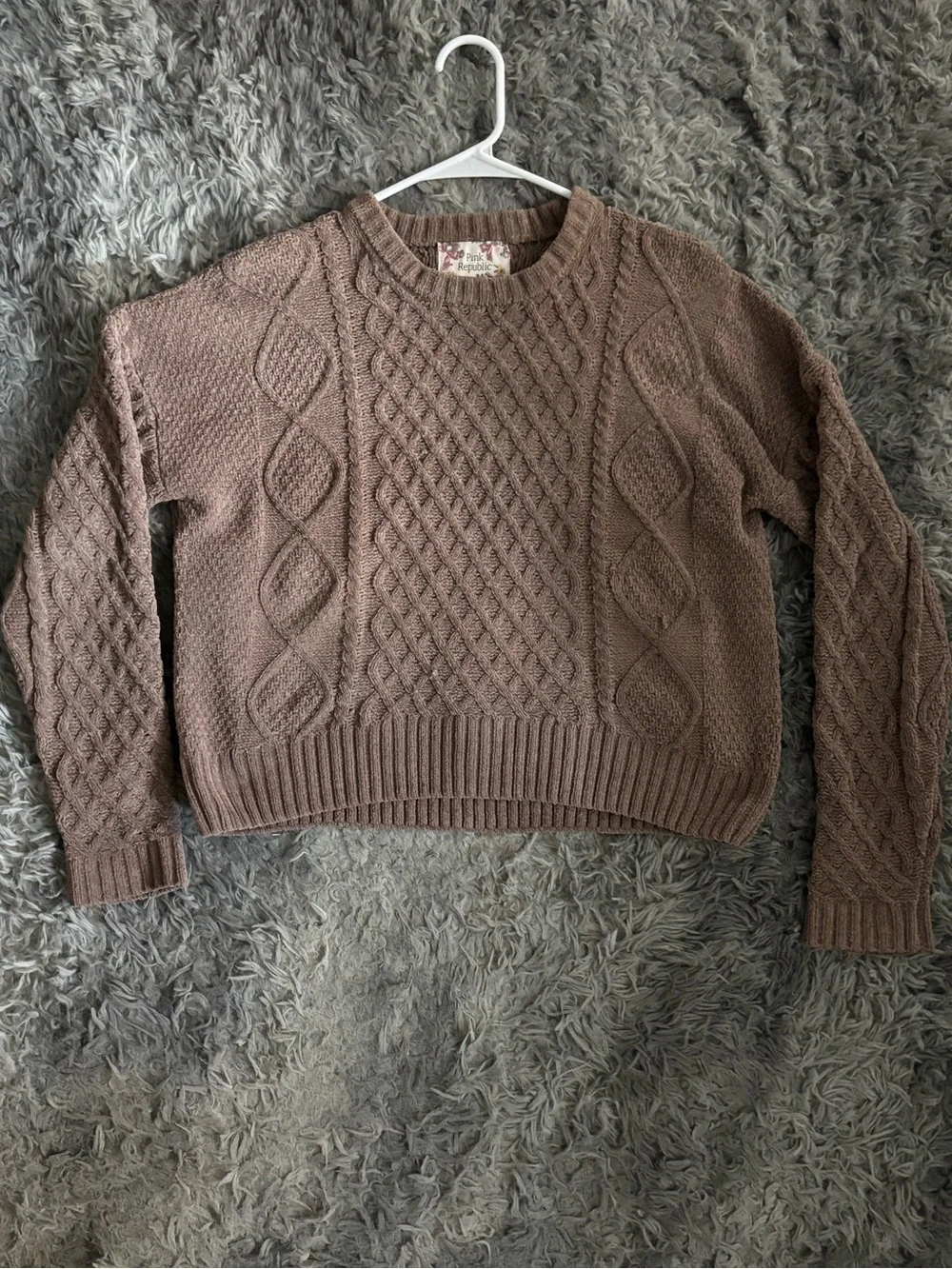 Pink Republic Cable Knit Crewneck Sweater - Taupe